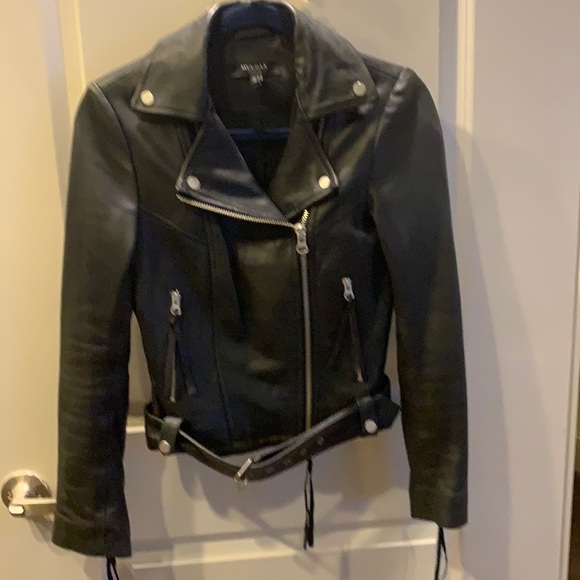 Muubaa Black Leather Biker Jacket with Belt and accent Fringe EUC